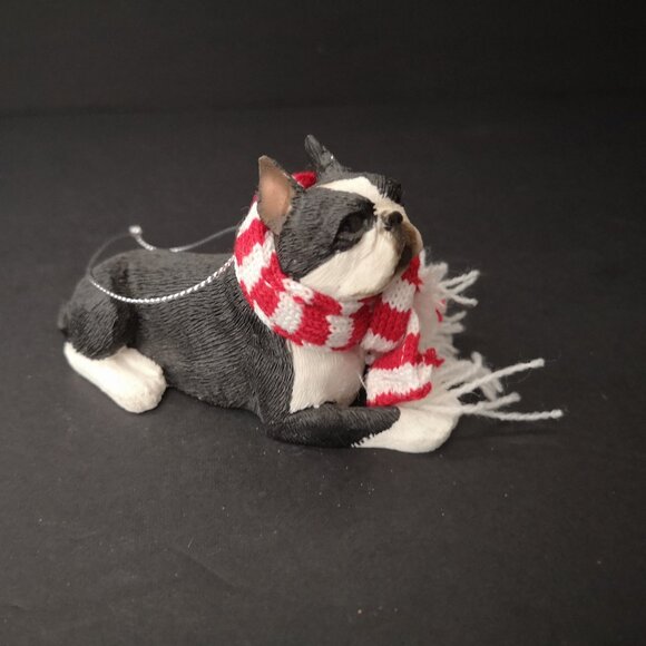 NIB Sandicast Boston Terrier Christmas Ornament with Red & White Scarf - Picture 2 of 6